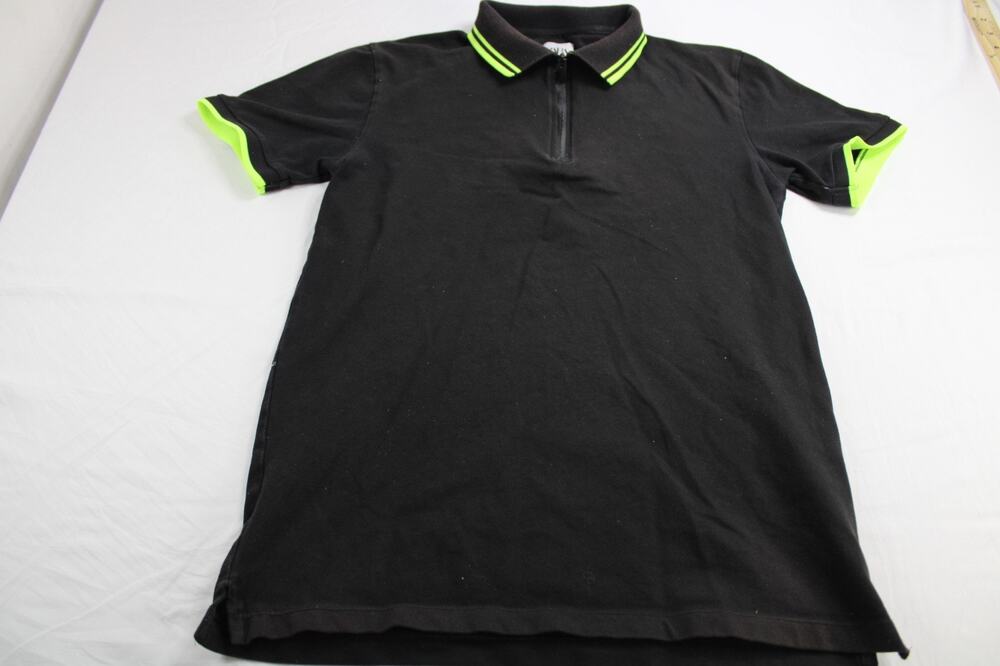 ZARA Men's S Quarter Zip Polo Shirt Cotton Black Neon Green Striped Collar